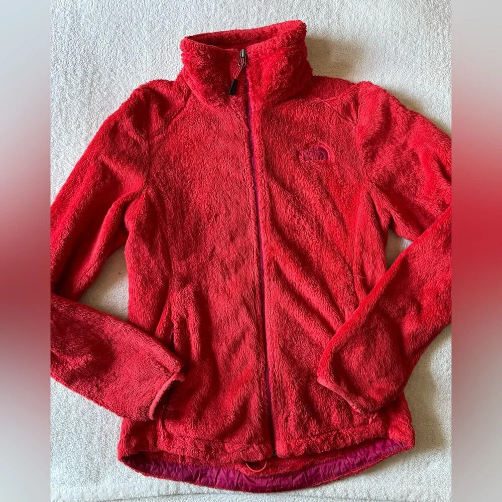 North Face fleece, red with magenta lettering and zip. Women’s small